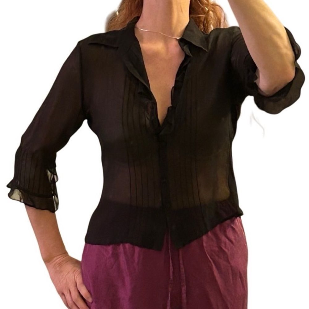 Vintage silk sheer Whimsigoth Ruffles Spenser Jeremy Black V Neck Blouse 8 M - Picture 8 of 13